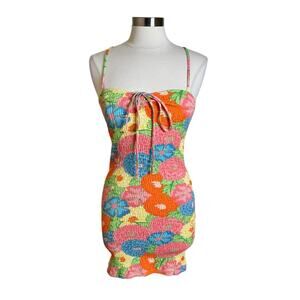 Zara Retro Floral 70s Print Bodycon Smocked Ruched Mini Dress Women’s Medium New